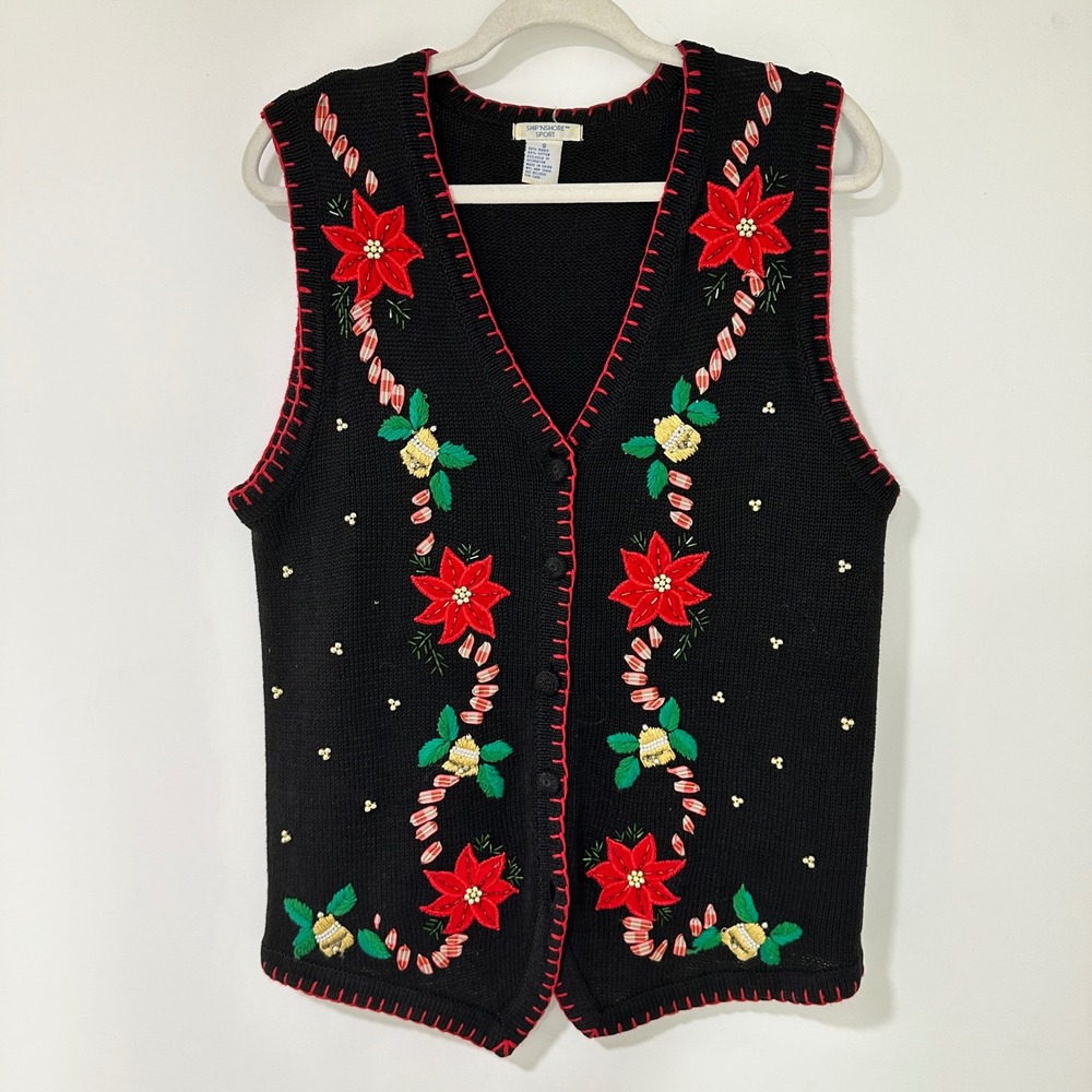 Ship'n Shore Sport Christmas Sweater Vest Womens Small Black Ramie Poinsettia